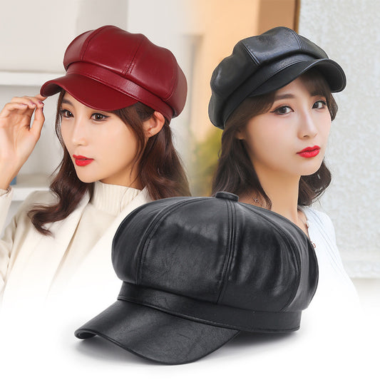 Autumn Winter Retro Beret Women Pu Leather Solid Color