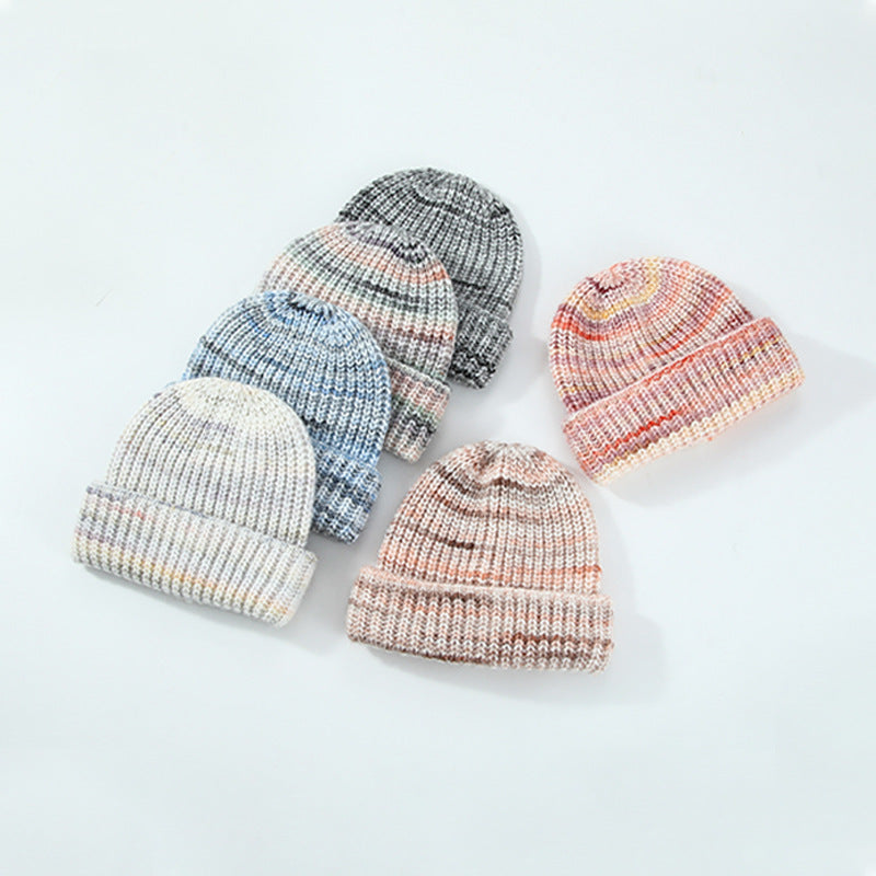 European And American Ins Warm Autumn And Winter Multi-color Niche Gradient Flanging With Wool Knitted Hat Women