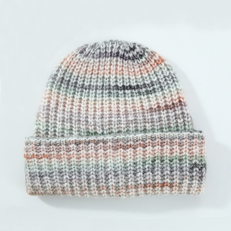 European And American Ins Warm Autumn And Winter Multi-color Niche Gradient Flanging With Wool Knitted Hat Women