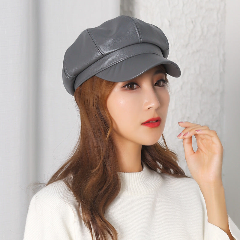 Autumn Winter Retro Beret Women Pu Leather Solid Color