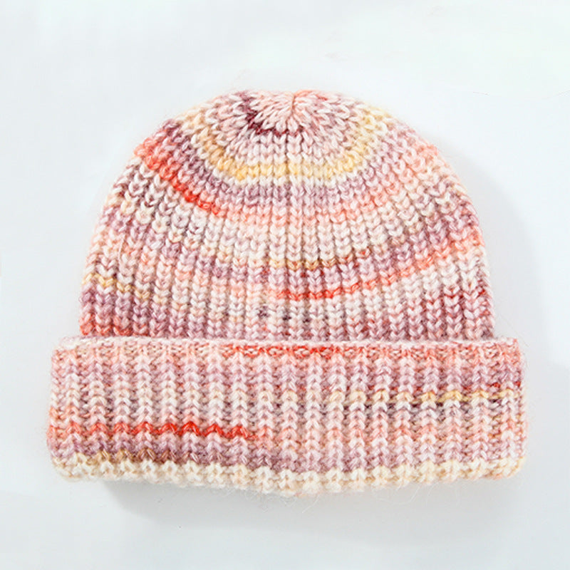 European And American Ins Warm Autumn And Winter Multi-color Niche Gradient Flanging With Wool Knitted Hat Women