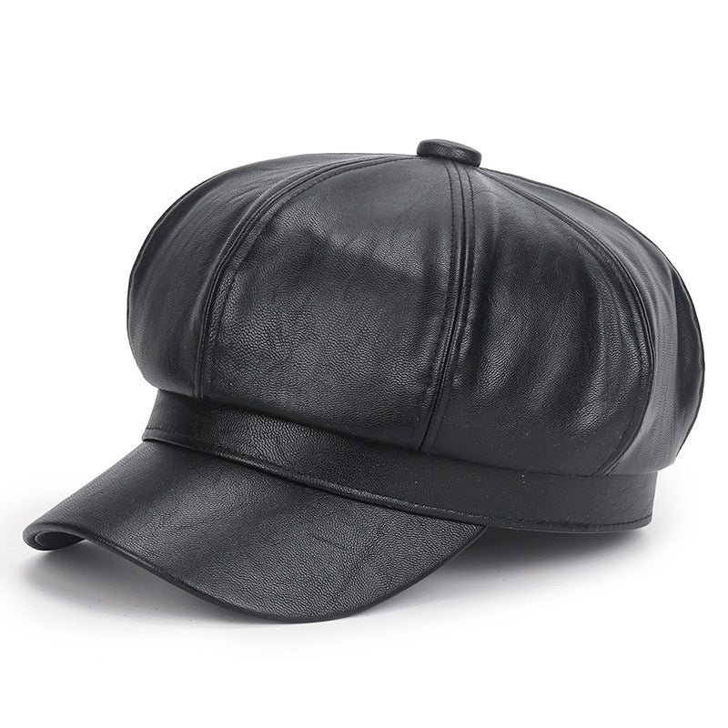 Autumn Winter Retro Beret Women Pu Leather Solid Color