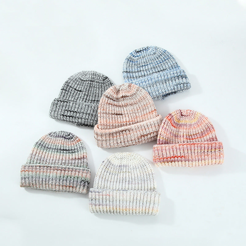 European And American Ins Warm Autumn And Winter Multi-color Niche Gradient Flanging With Wool Knitted Hat Women