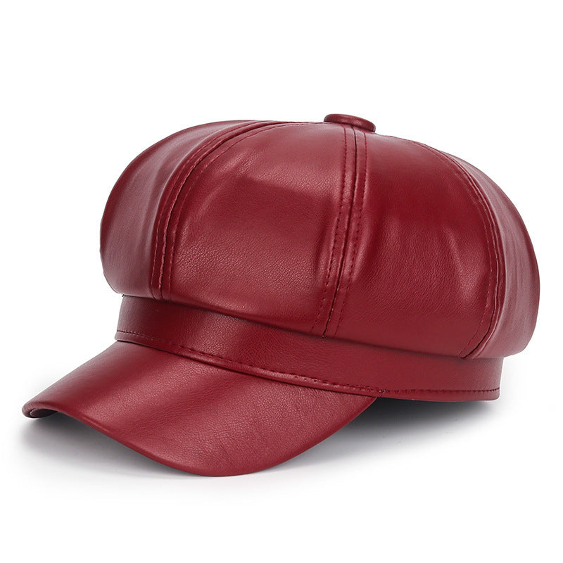 Autumn Winter Retro Beret Women Pu Leather Solid Color