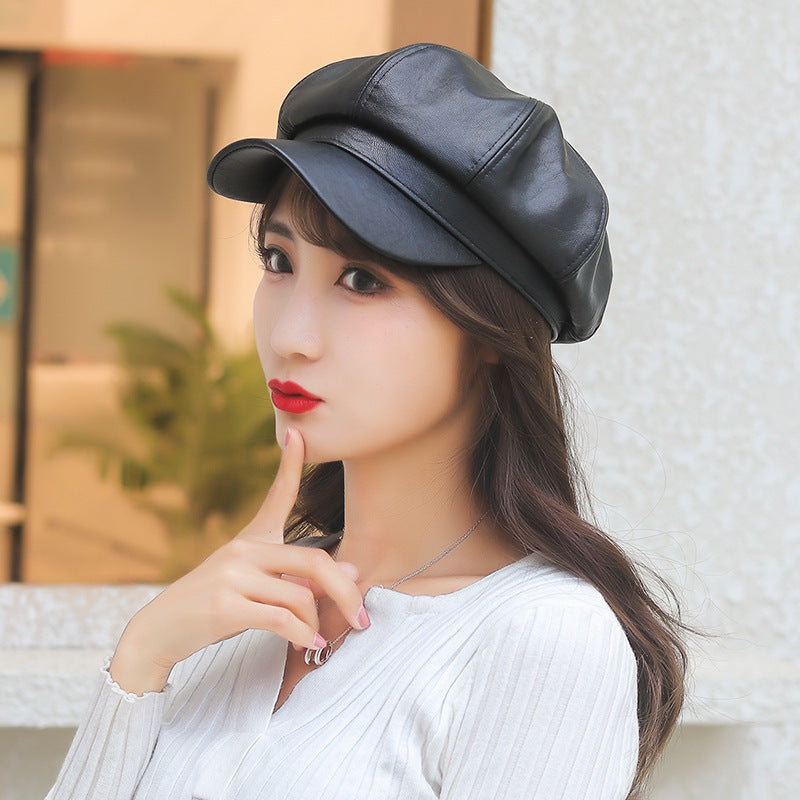 Autumn Winter Retro Beret Women Pu Leather Solid Color